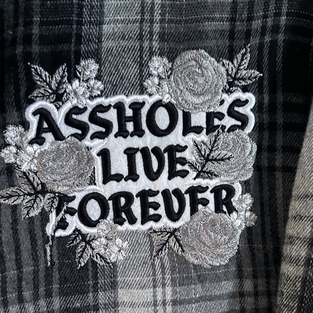 Flannel NEW Black and Gray Plaid  Shirt “ASSHOLES LIVE FOREVER” - Picture 6 of 11